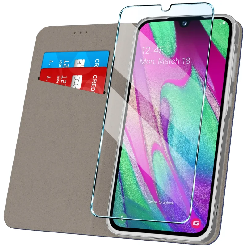 Granatowe etui z klapką do Samsung Galaxy A40 z kieszonką na karty i miękkim wnętrzem