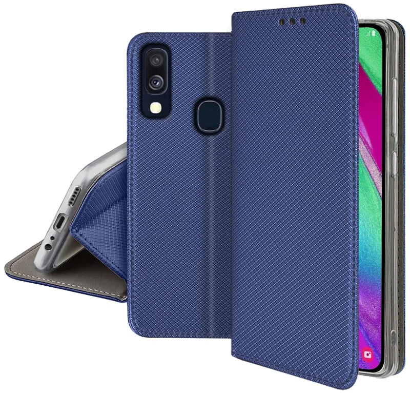 Zamykane granatowe etui z klapką do Samsung Galaxy A40 z matową strukturą, wycięciami na porty oraz ochroną aparatów i boków smartfona