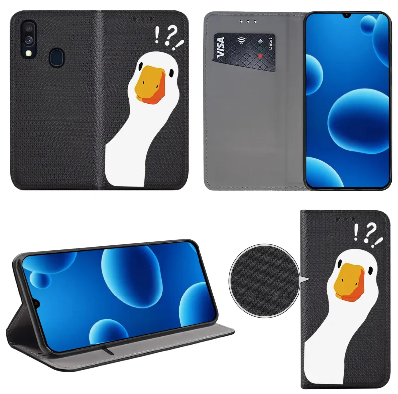 Etui książkowe do Samsung Galaxy A40 z gąską, widok przodu i tyłu, kieszonka na kartę oraz funkcja podstawki