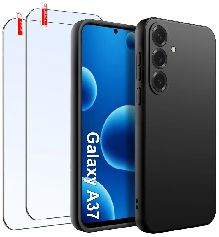 Czarne matowe etui silikonowe do Samsung Galaxy A37 5G z dwoma szkłami hartowanymi 9H w zestawie