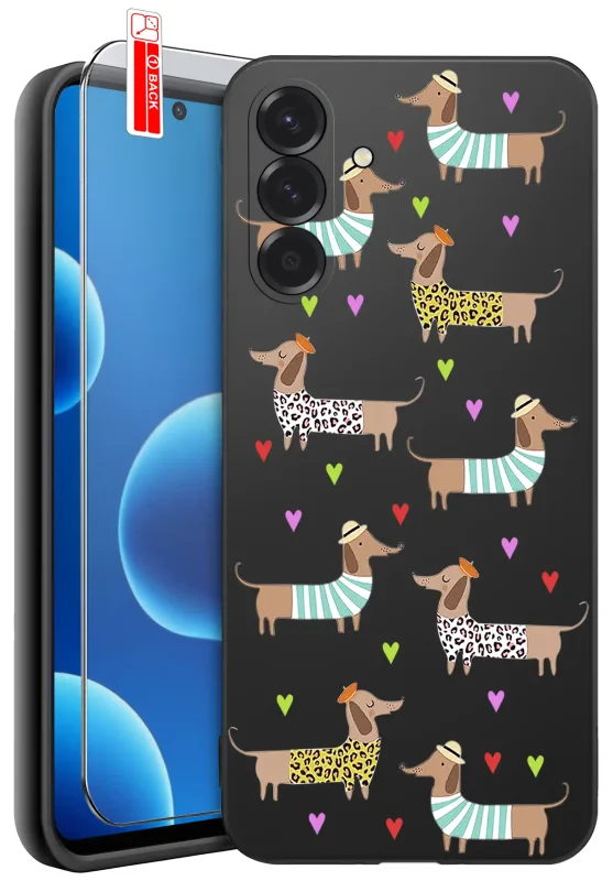 Etui Samsung Galaxy A37 5G fajne wzory: nadruk z jamnikami w ubrankach i serduszkami oraz szkło hartowane 9H w zestawie