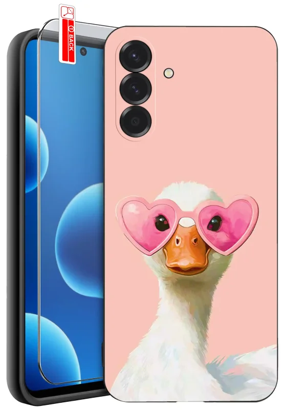Etui walentynkowe do Samsung Galaxy A37 5G z nadrukiem gęsi w różowych okularach-sercach oraz szkło hartowane 9H w zestawie