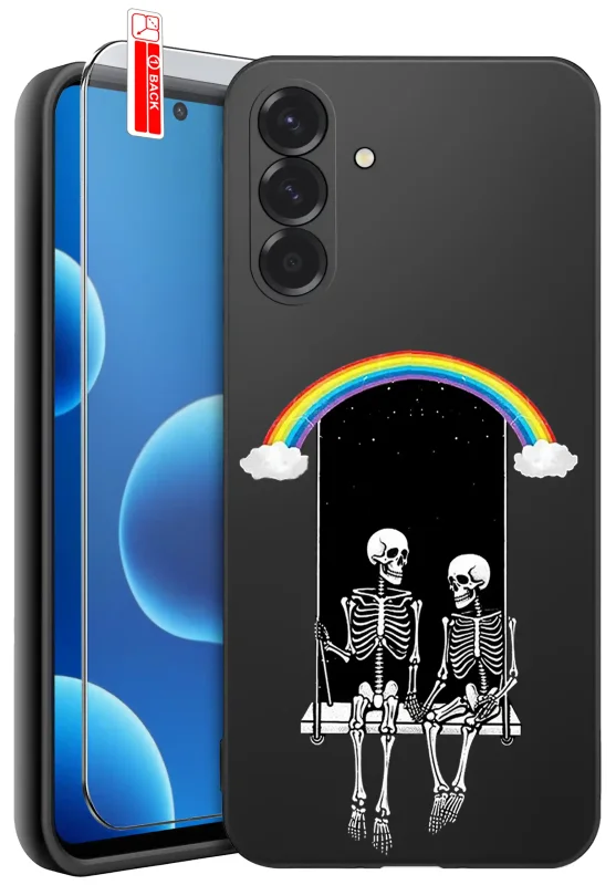 Etui Halloweenowe do Samsung Galaxy A37 5G z nadrukiem dwóch szkieletów na huśtawce pod tęczą oraz szkło hartowane 9H w zestawie