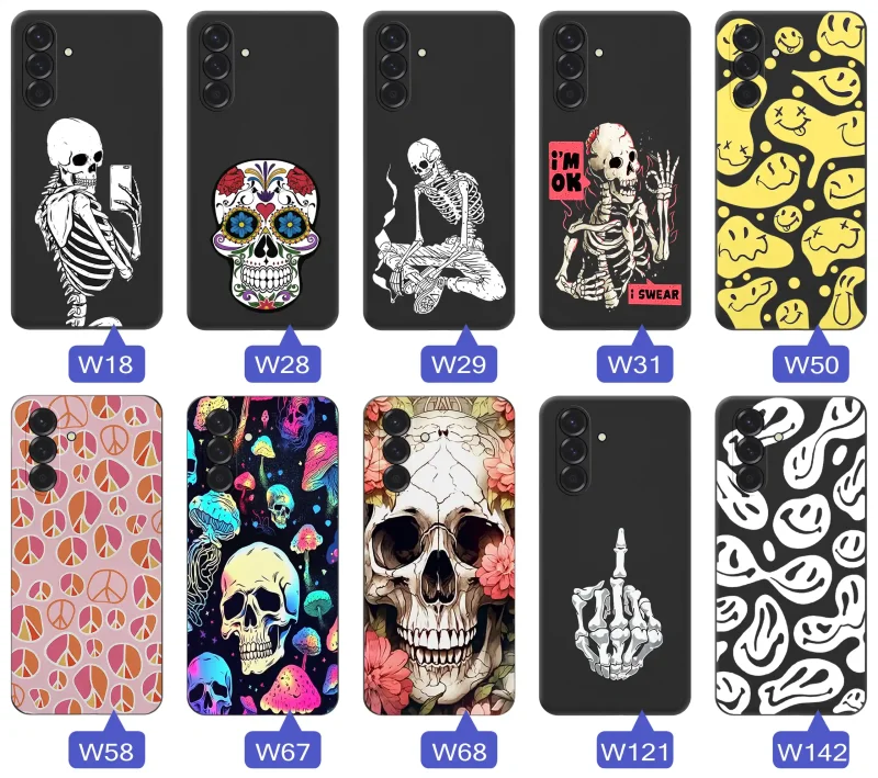 Kolekcja różnych wzorów etui Halloween do Samsung Galaxy A37 5G z motywami czaszek, szkieletów, uśmiechów i grafik w stylu dark