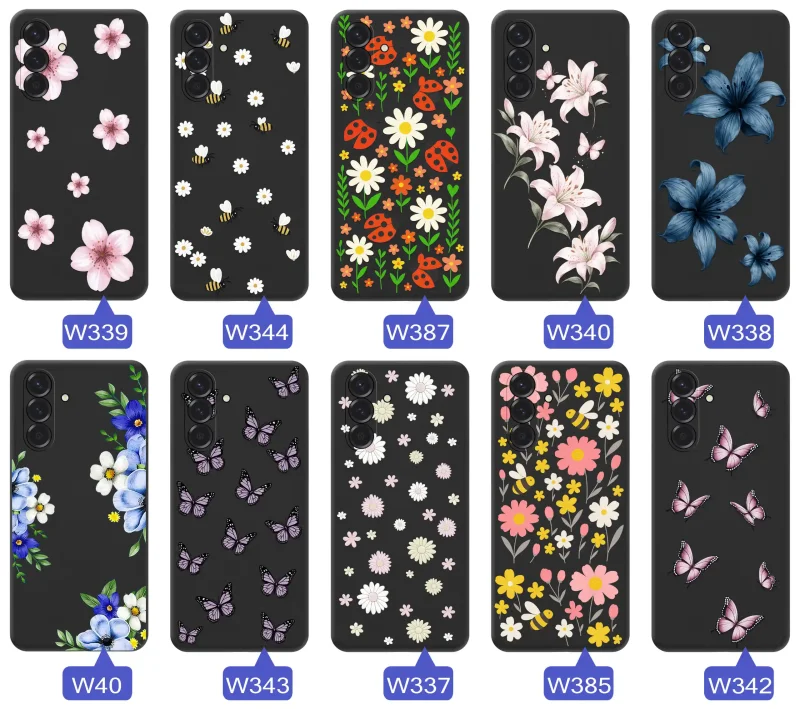 Kolekcja wzorów wiosennych na etui do Samsung Galaxy A37 5G: kwiaty, motyle, pszczółki, biedronki i truskawki na silikonowych pleckach