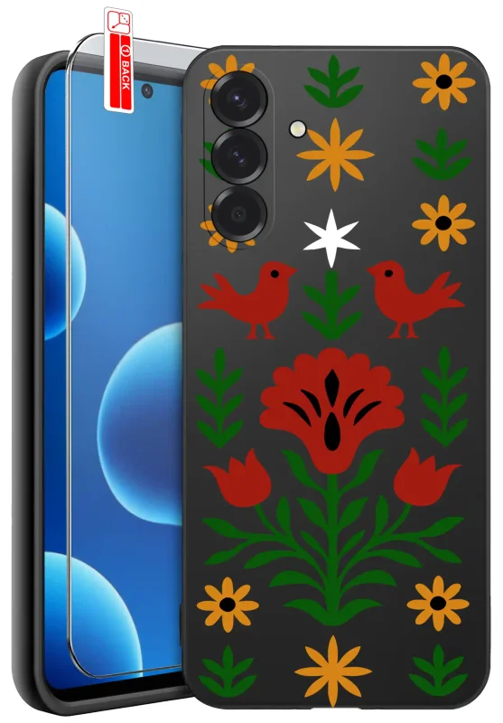 Etui Samsung Galaxy A37 5G z ludowym wzorem kwiatów i ptaków oraz szkło hartowane 9H w zestawie
