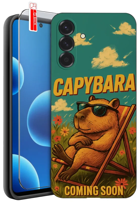 Etui Samsung Galaxy A37 5G z nadrukiem kapibary w okularach przeciwsłonecznych na leżaku oraz szkło hartowane 9H w zestawie