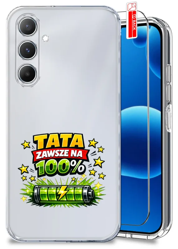 Przezroczyste etui dla Taty do Samsung Galaxy A15 5G z kolorowym nadrukiem „Tata zawsze na 100%” oraz szkło hartowane w zestawie