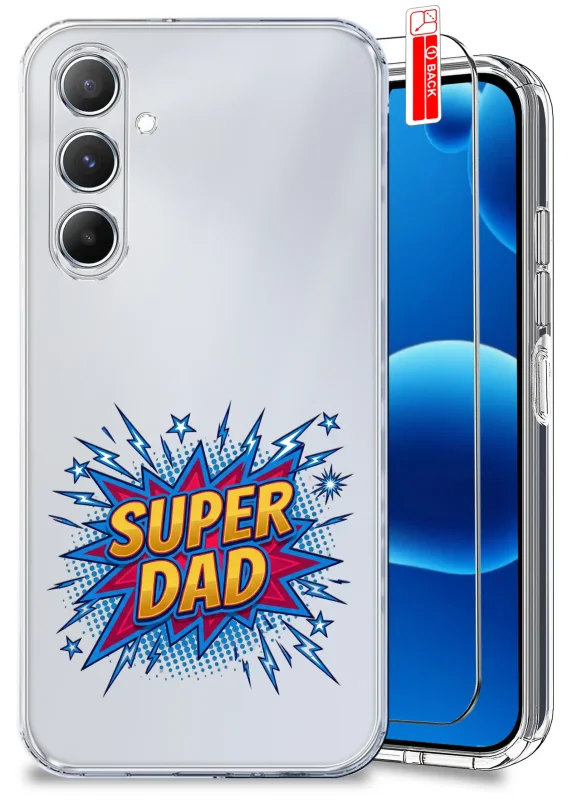 Przezroczyste etui dla Taty do Samsung Galaxy A25 5G z kolorowym nadrukiem SUPER DAD oraz szkło hartowane w zestawie