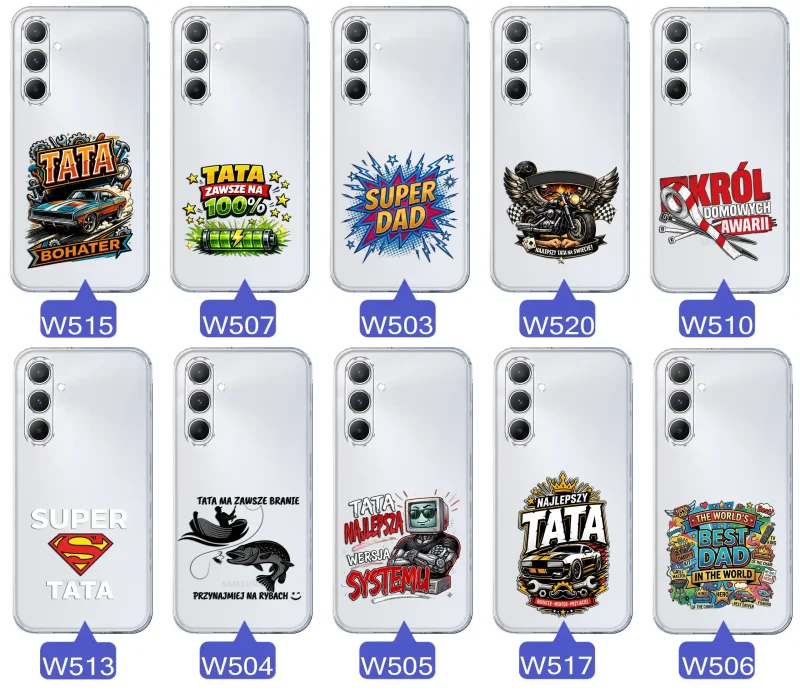 Kolekcja wzorów dla Taty i na Dzień Ojca do Samsung Galaxy M15 5G:  kolorowe grafiki i napisy Super Tata, Super Dad, Najlepszy Tata Na Świecie i inne