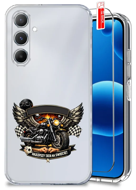 Przezroczyste etui dla Taty do Samsung Galaxy M15 5G z motocyklem i napisem Najlepszy Tata na świecie oraz szkło hartowane w zestawie