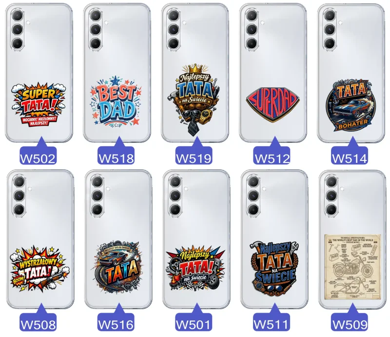Różne wzory przezroczystych etui dla Taty do Samsung Galaxy A14 5G z kolorowymi nadrukami i motywami na Dzień Ojca i nie tylko