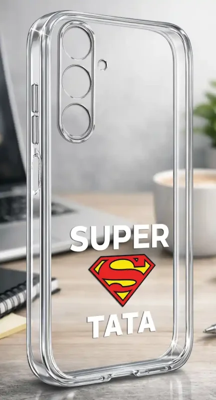 Silikonowe bezbarwne etui do Samsung Galaxy A16 5G z napisem SUPER TATA, prezentowane na biurku