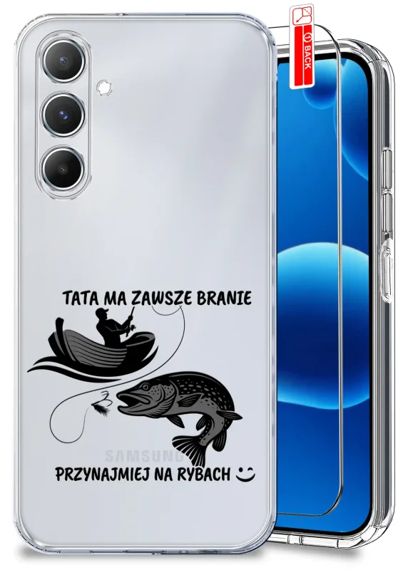 Przezroczyste etui dla Taty wędkarza do Samsung Galaxy A34 5G z napisem „Tata ma zawsze branie, przynajmniej na rybach” oraz szkło hartowane w zestawie