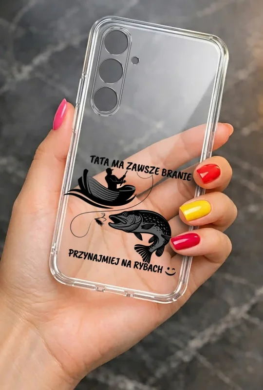 Transparentne etui 2 mm do Samsung Galaxy A34 5G z motywem wędkarskim dla Taty: elegancki wygląd smartfona w dłoni
