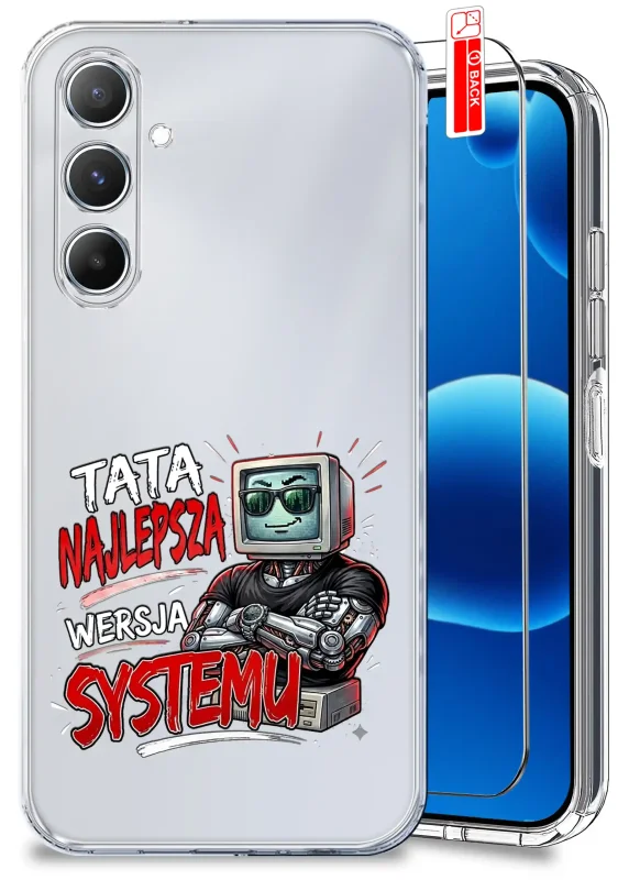 Przezroczyste etui dla Taty do Samsung Galaxy M35 5G z nadrukiem „Tata najlepsza wersja systemu” oraz szkło hartowane w zestawie