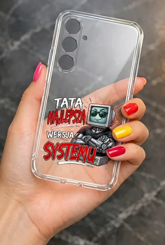 Transparentne etui 2 mm do Samsung Galaxy M35 5G dla Taty z kolorowym nadrukiem „Tata najlepsza wersja systemu”: elegancki wygląd smartfona w dłoni