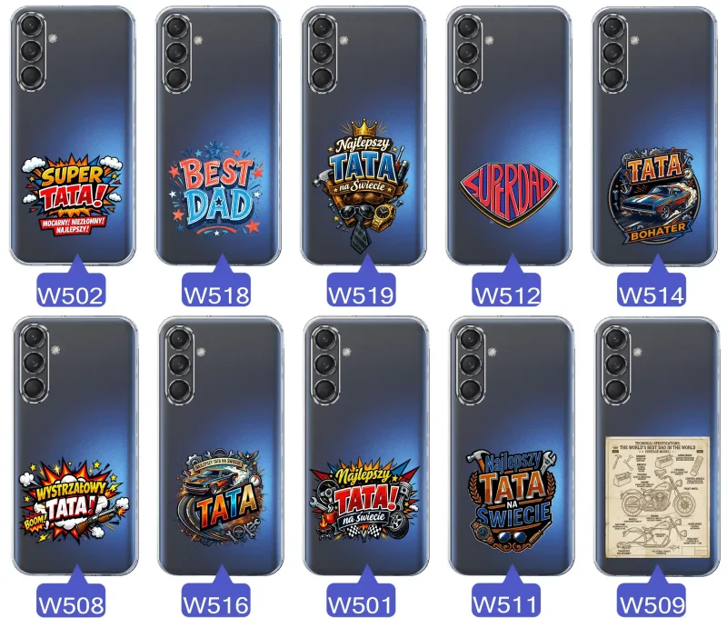 Różne wzory przezroczystych etui dla Taty do Samsung Galaxy M55 5G z kolorowymi nadrukami i motywami na Dzień Ojca i nie tylko