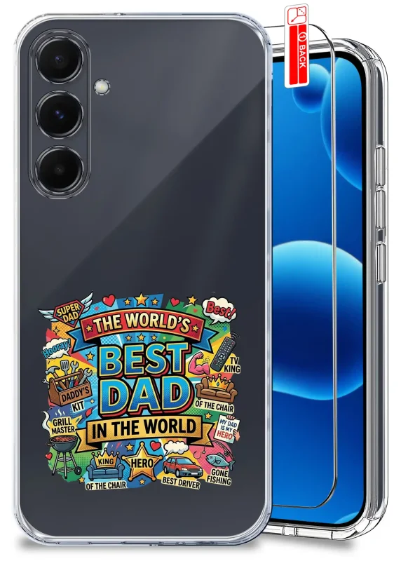 Przezroczyste etui dla Taty do Samsung Galaxy A35 5G z kolorowym nadrukiem „The Worlds Best Dad in the World” oraz szkło hartowane w zestawie