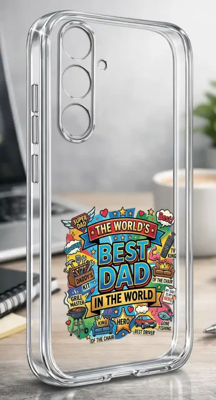 Silikonowe bezbarwne etui do Samsung Galaxy A35 5G z kolorowym wzorem dla Taty, prezentowane na biurku