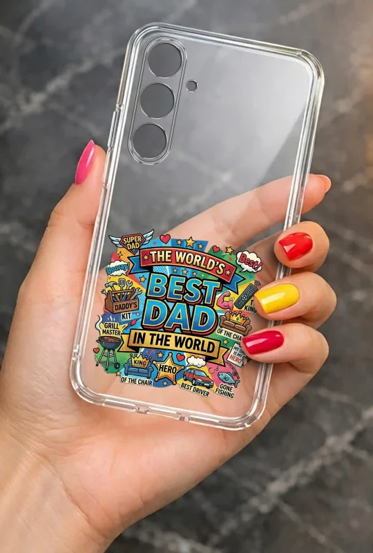 Transparentne etui 2 mm do Samsung Galaxy A35 5G dla Taty z wielokolorowym nadrukiem „The Worlds Best Dad in the World”: elegancki wygląd smartfona w dłoni