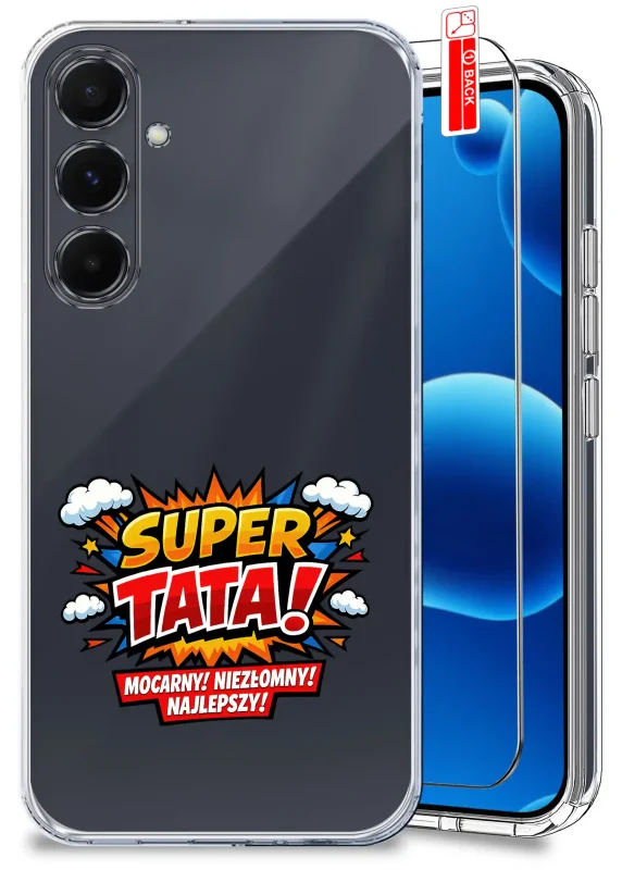 Przezroczyste etui dla Taty do Samsung Galaxy A54 5G z kolorowym nadrukiem SUPER TATA oraz szkło hartowane w zestawie