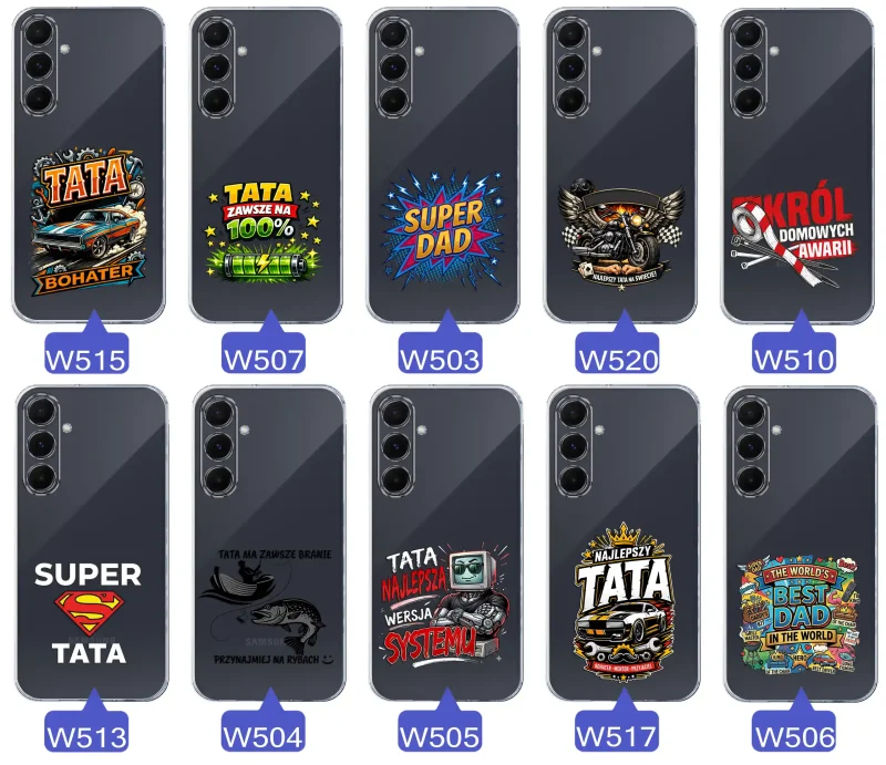 Kolekcja wzorów dla Taty i na Dzień Ojca do Samsung Galaxy A55 5G:  kolorowe grafiki i napisy Super Tata, Super Dad, Najlepszy Tata Na Świecie i inne