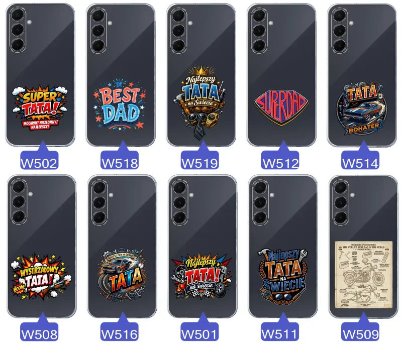Różne wzory przezroczystych etui dla Taty do Samsung Galaxy A55 5G z kolorowymi nadrukami i motywami na Dzień Ojca i nie tylko