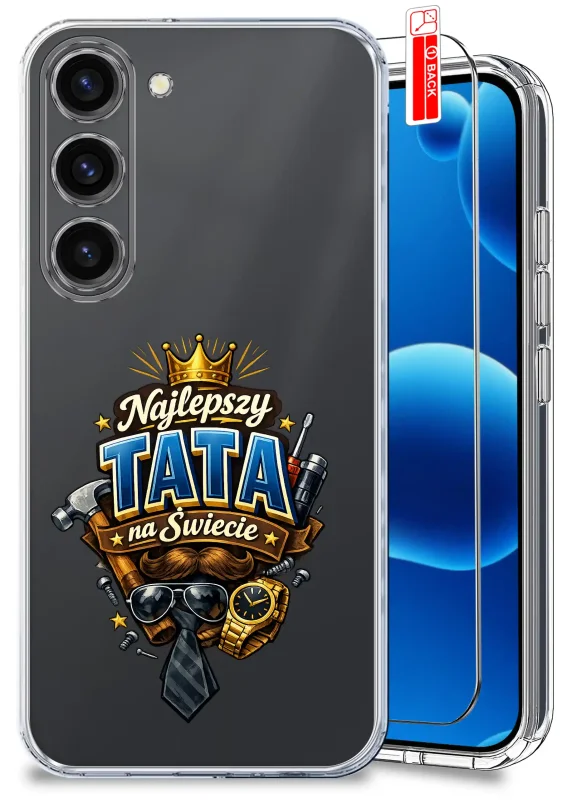 Przezroczyste etui dla Taty do Samsung Galaxy S23 z kolorowym nadrukiem Najlepszy Tata Na Świecie oraz szkło hartowane w zestawie
