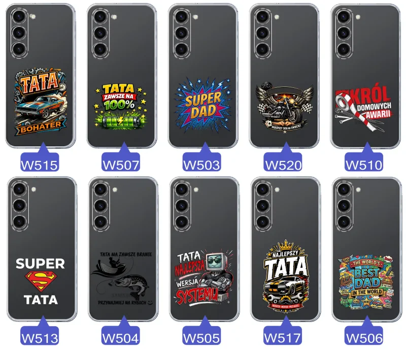 Kolekcja wzorów dla Taty i na Dzień Ojca do Samsung Galaxy S23:  kolorowe grafiki i napisy Super Tata, Super Dad, Najlepszy Tata Na Świecie i inne
