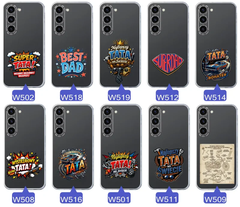 Różne wzory przezroczystych etui dla Taty do Samsung Galaxy S23 z kolorowymi nadrukami i motywami na Dzień Ojca i nie tylko