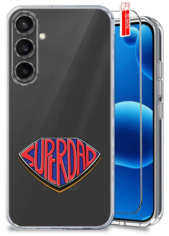 Przezroczyste etui dla Taty do Samsung Galaxy S23 FE z kolorowym nadrukiem SUPER DAD oraz szkło hartowane w zestawie