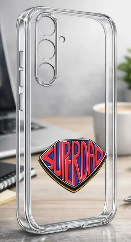 Silikonowe bezbarwne etui do Samsung Galaxy S23 FE z kolorowym napisem SUPER DAD, prezentowane na biurku