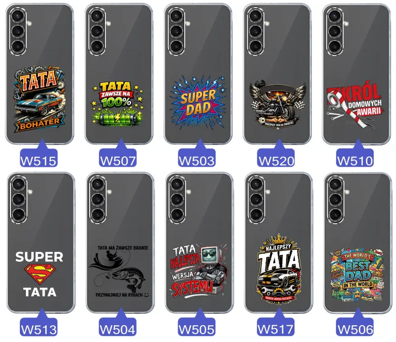 Kolekcja wzorów dla Taty i na Dzień Ojca do Samsung Galaxy S23 FE:  kolorowe grafiki i napisy Super Tata, Super Dad, Najlepszy Tata Na Świecie i inne