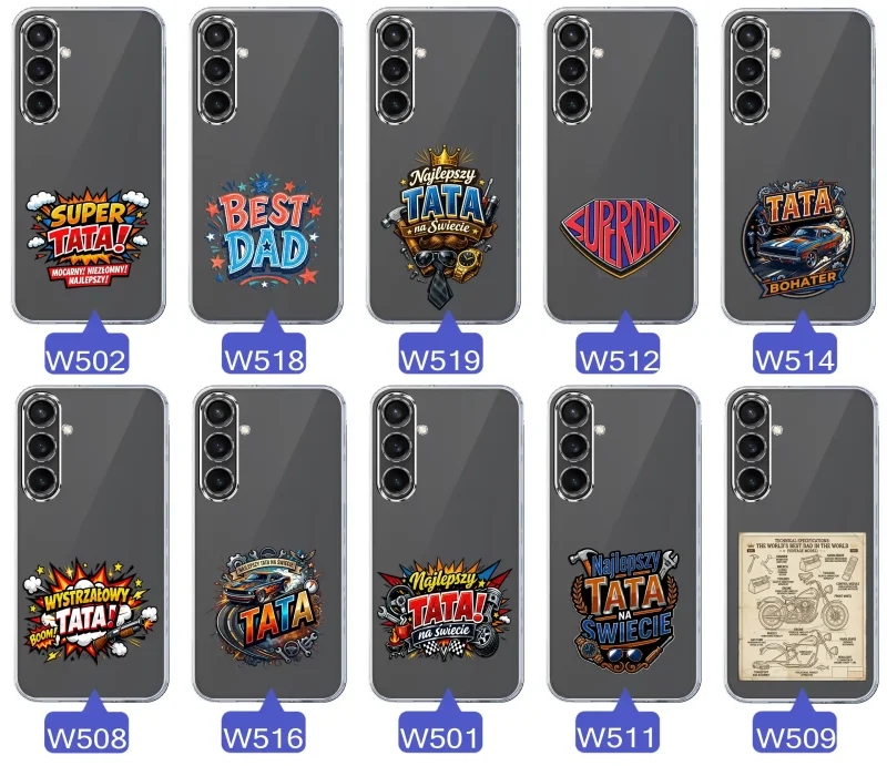 Różne wzory przezroczystych etui dla Taty do Samsung Galaxy S23 FE z kolorowymi nadrukami i motywami na Dzień Ojca i nie tylko