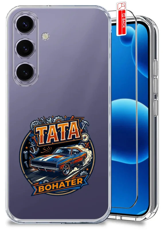 Przezroczyste etui dla Taty do Samsung Galaxy S24 z kolorowym nadrukiem auta i napisem Tata Bohater oraz szkło hartowane w zestawie
