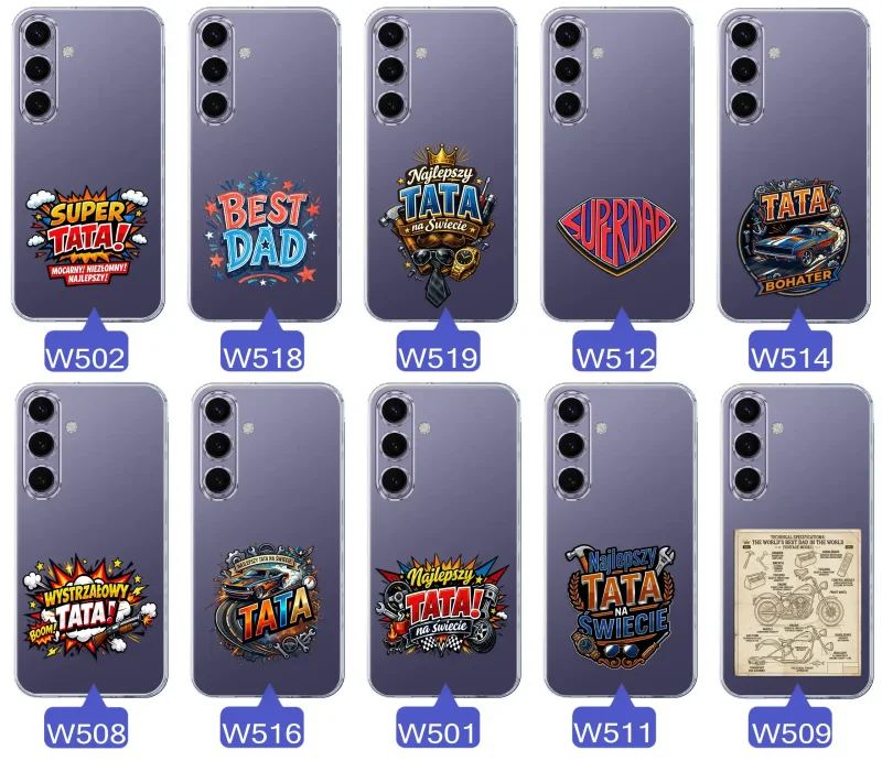 Różne wzory przezroczystych etui dla Taty do Samsung Galaxy S24 z kolorowymi nadrukami i motywami na Dzień Ojca i nie tylko