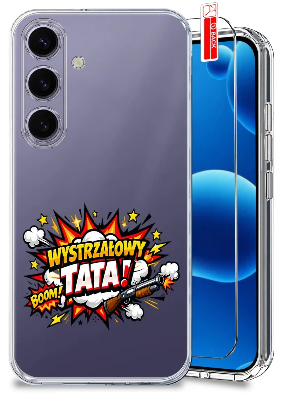 Przezroczyste etui dla Taty do Samsung Galaxy S24+ Plus z kolorowym nadrukiem Wystrzałowy Tata oraz szkło hartowane w zestawie