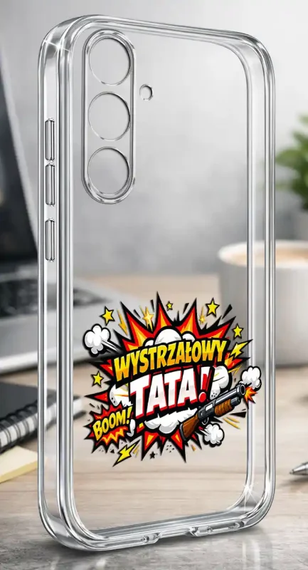 Silikonowe bezbarwne etui do Samsung Galaxy S24+ Plus z kolorowym napisem Wystrzałowy Tata, prezentowane na biurku