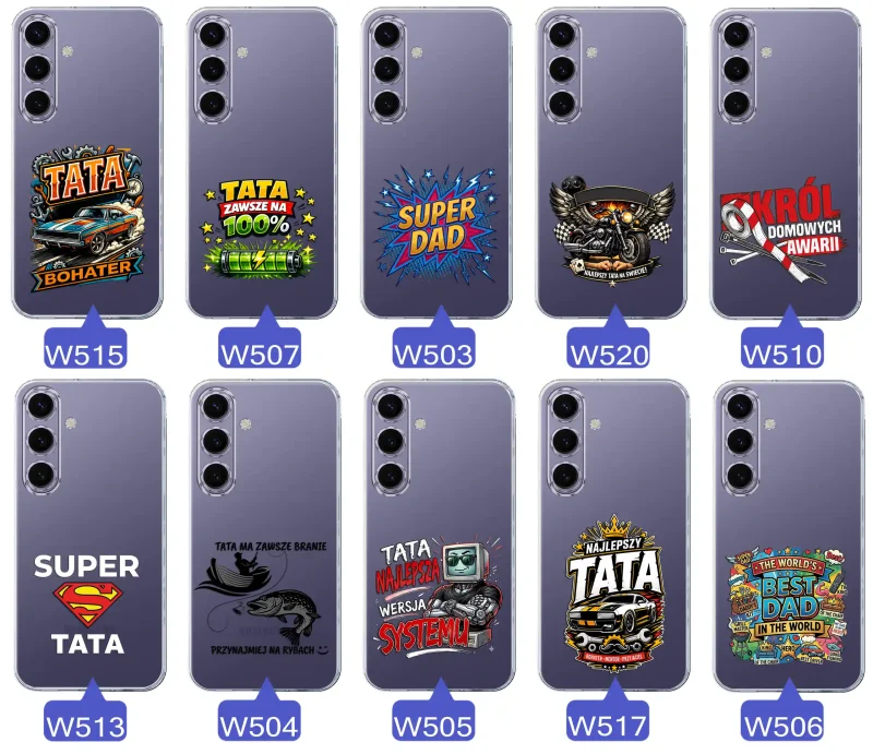 Kolekcja wzorów dla Taty i na Dzień Ojca do Samsung Galaxy S24+ Plus:  kolorowe grafiki i napisy Super Tata, Super Dad, Najlepszy Tata Na Świecie i inne
