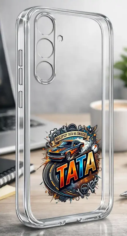 Silikonowe bezbarwne etui do Samsung Galaxy S24 FE z kolorowym napisem Najlepszy Tata na świecie, prezentowane na biurku