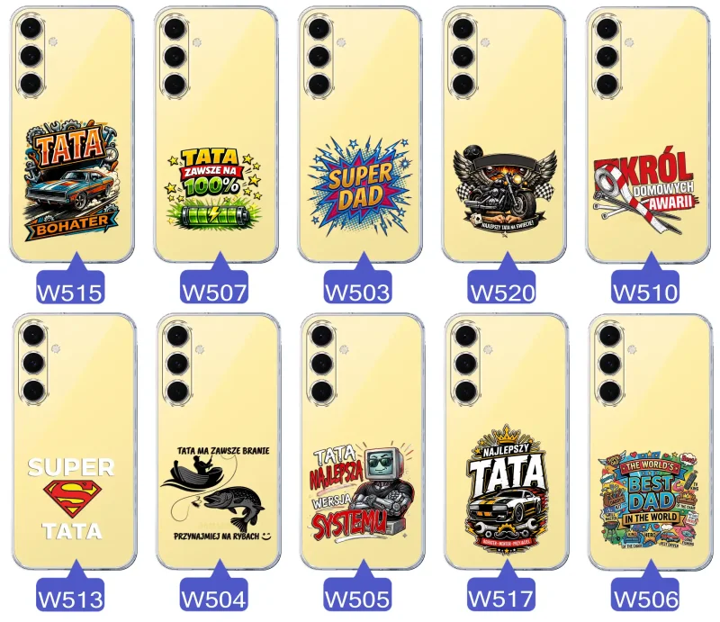 Kolekcja wzorów dla Taty i na Dzień Ojca do Samsung Galaxy S24 FE:  kolorowe grafiki i napisy Super Tata, Super Dad, Najlepszy Tata Na Świecie i inne