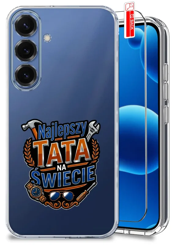 Przezroczyste etui dla Taty do Samsung Galaxy S25 FE z kolorowym nadrukiem Najlepszy Tata na świecie oraz szkło hartowane w zestawie