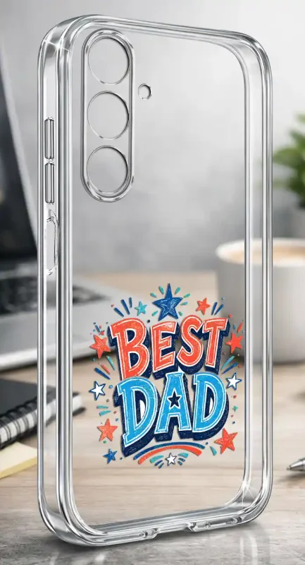 Silikonowe bezbarwne etui do Samsung Galaxy A17 5G z kolorowym napisem BEST DAD, prezentowane na biurku