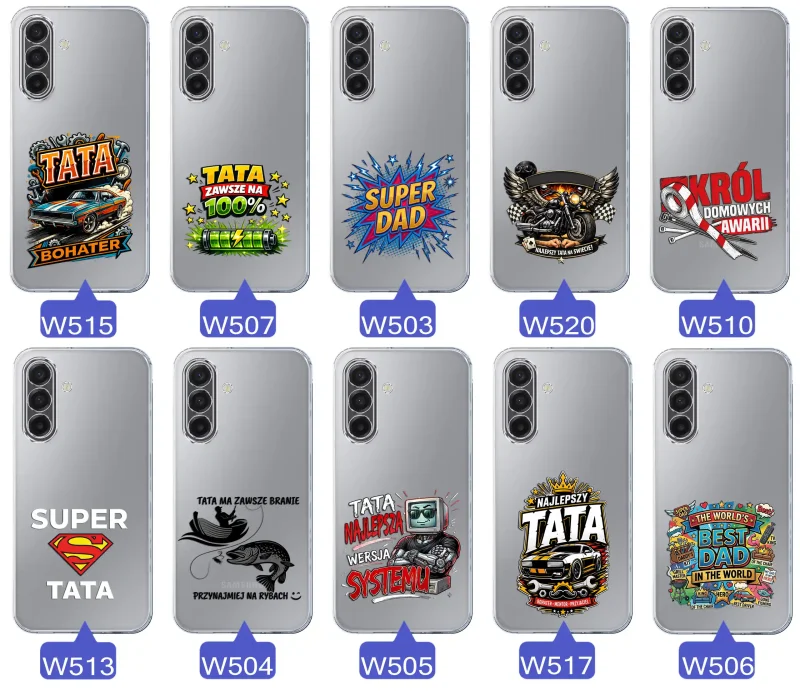 Kolekcja wzorów dla Taty i na Dzień Ojca do Samsung Galaxy A17 5G:  kolorowe grafiki i napisy Super Tata, Super Dad, Najlepszy Tata Na Świecie i inne