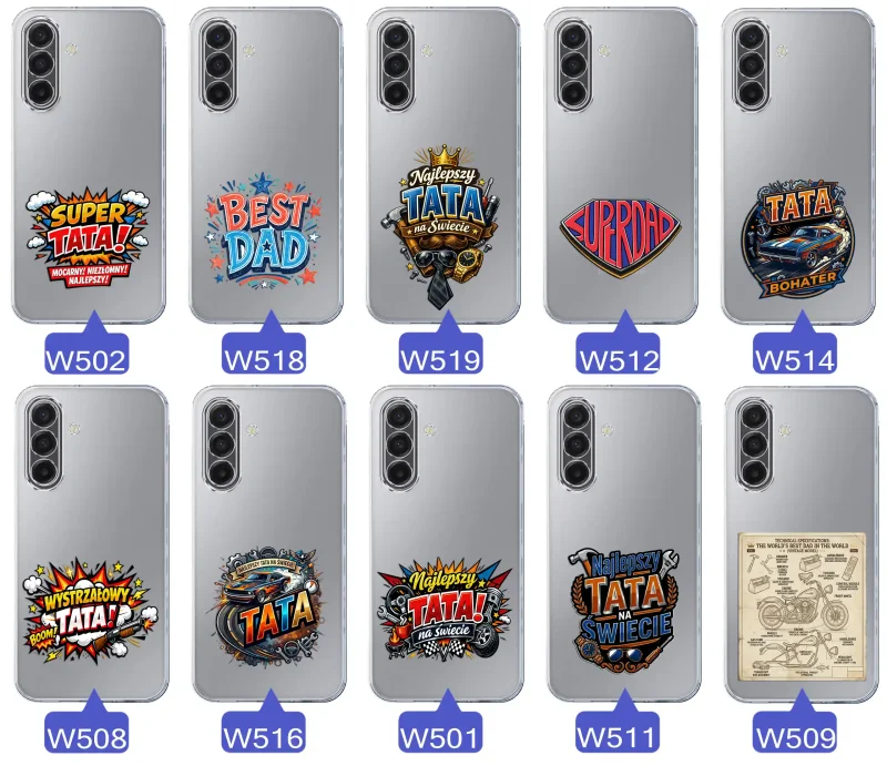 Różne wzory przezroczystych etui dla Taty do Samsung Galaxy A17 5G z kolorowymi nadrukami i motywami na Dzień Ojca i nie tylko