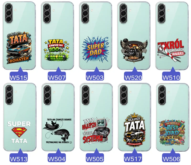 Kolekcja wzorów dla Taty i na Dzień Ojca do Samsung Galaxy A26 5G:  kolorowe grafiki i napisy Super Tata, Super Dad, Najlepszy Tata Na Świecie i inne