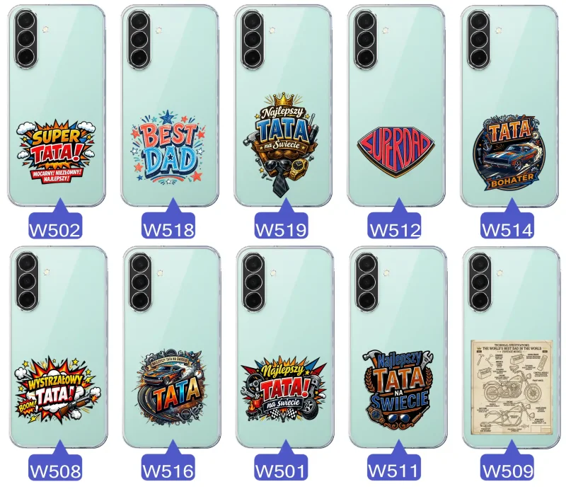 Różne wzory przezroczystych etui dla Taty do Samsung Galaxy A26 5G z kolorowymi nadrukami i motywami na Dzień Ojca i nie tylko