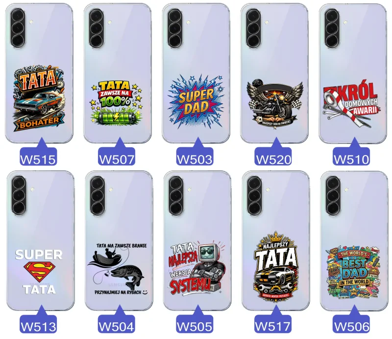 Kolekcja wzorów dla Taty i na Dzień Ojca do Samsung Galaxy A36 5G:  kolorowe grafiki i napisy Super Tata, Super Dad, Najlepszy Tata Na Świecie i inne