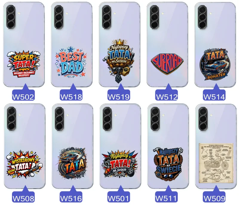 Różne wzory przezroczystych etui dla Taty do Samsung Galaxy A36 5G z kolorowymi nadrukami i motywami na Dzień Ojca i nie tylko
